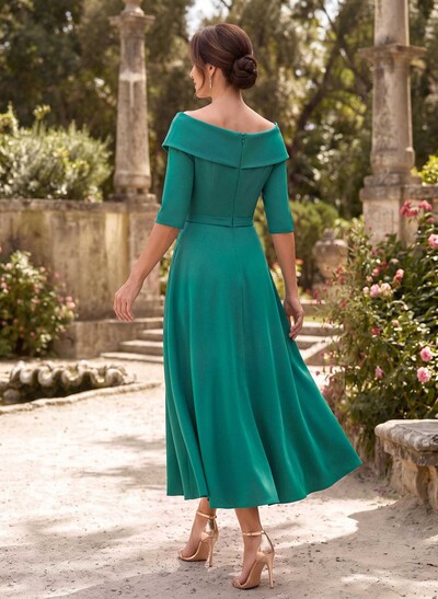A-Line V-Neck 1/2 Sleeves Ankle-Length Elastic Satin Mother Of The Bride Dresses With Rhinestone