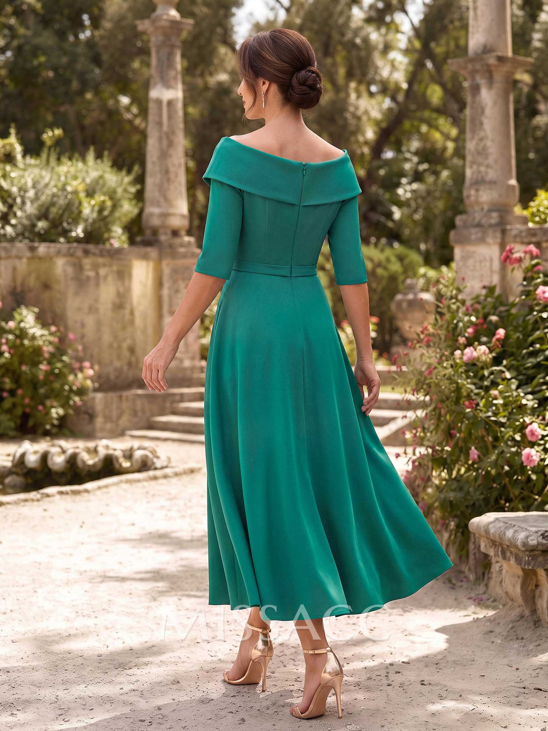 A-Line V-Neck 1/2 Sleeves Ankle-Length Elastic Satin Mother Of The Bride Dresses With Rhinestone