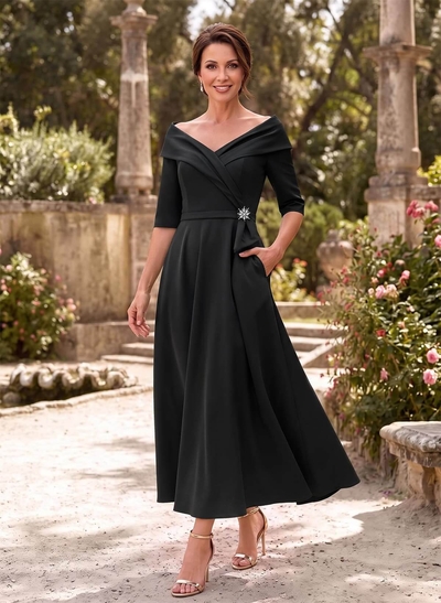 A-Line V-Neck 1/2 Sleeves Ankle-Length Elastic Satin Mother Of The Bride Dresses With Rhinestone