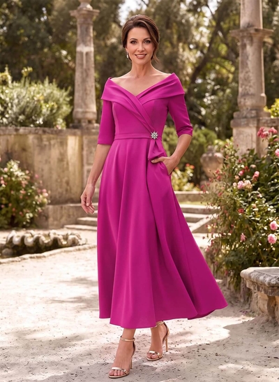 A-Line V-Neck Half Sleeve Ankle-Length Stretch Satin Mother of the Bride Dress with Diamanté Detail
