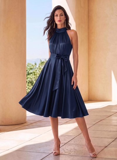 A-Line High Neck Sleeveless Knee-Length Silk Like Satin Mother Of The Bride Dresses With Bow