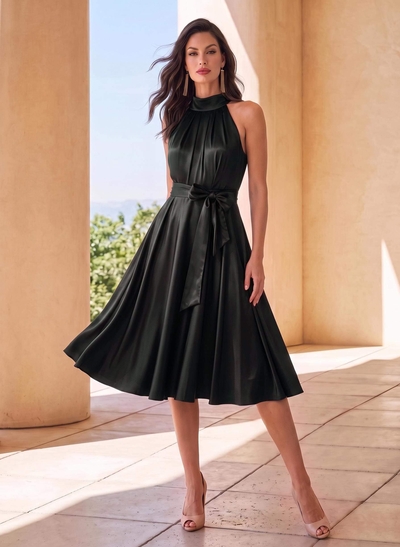 A-Line High Neck Sleeveless Knee-Length Silk Like Satin Mother Of The Bride Dresses With Bow