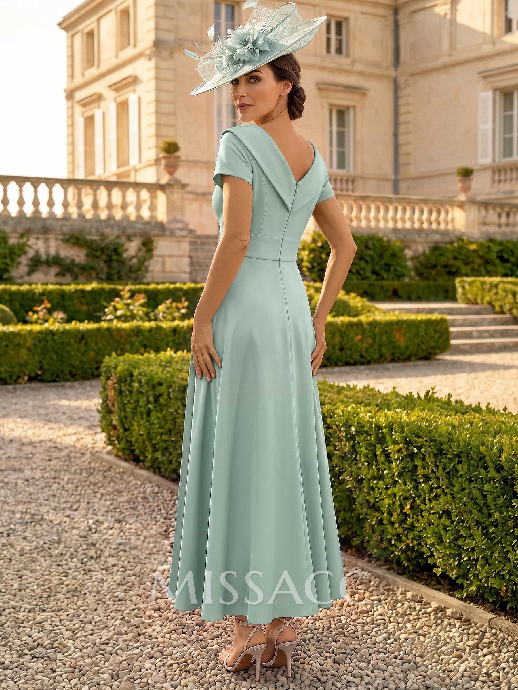 A-Line V-Neck Short Sleeves Ankle-Length Elastic Satin Mother Of The Bride Dresses With Appliques Lace