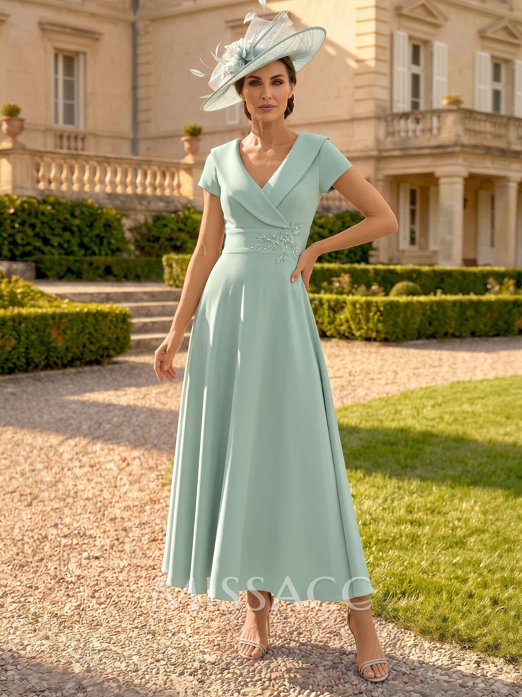 A-Line V-Neck Short Sleeves Ankle-Length Elastic Satin Mother Of The Bride Dresses With Appliques Lace