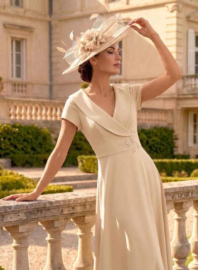 A-Line V-Neck Short Sleeves Ankle-Length Elastic Satin Mother Of The Bride Dresses With Appliques Lace