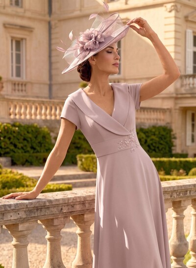 A-Line V-Neck Short Sleeve Ankle-Length Stretch Satin Mother of the Bride Dress with Lace Appliqués