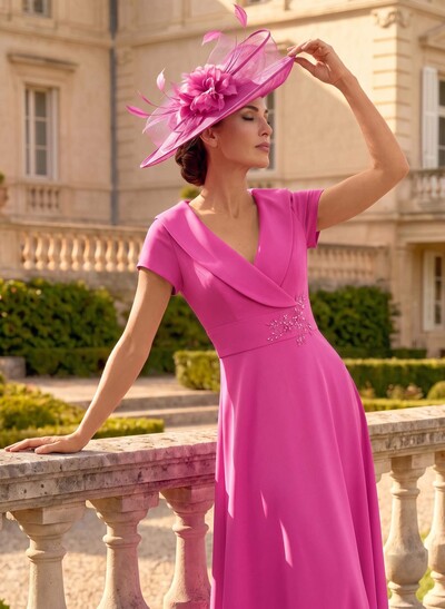 A-Line V-Neck Short Sleeve Ankle-Length Stretch Satin Mother Of The Bride Dress With Lace Appliqués
