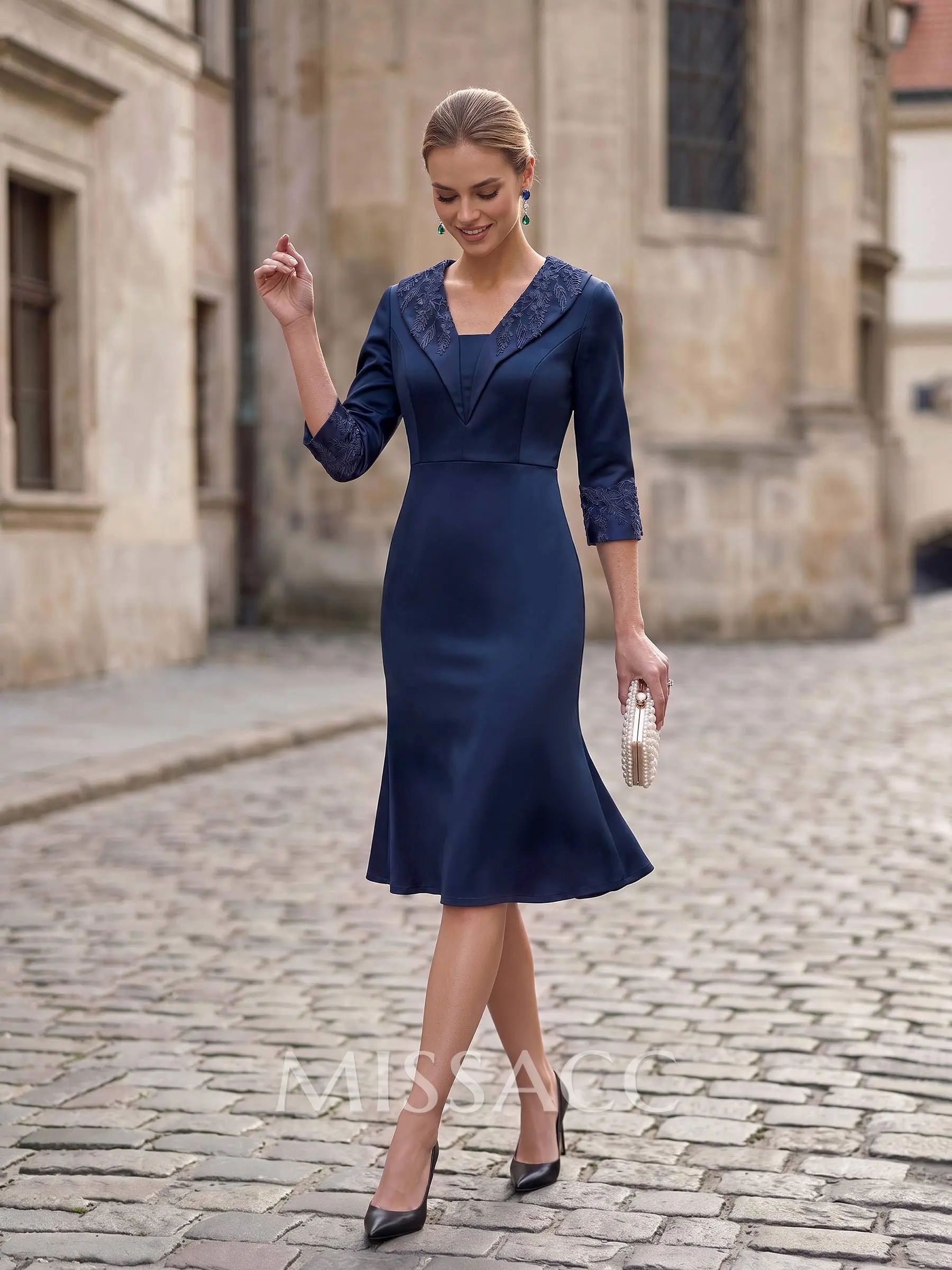 a line knee length mother of the bride dresses A-Line V-Neck 3/4 Sleeves Knee-Length Crepe Satin With Appliques Lace Khari Midi Dress - link-zurina-low-back-maxi-dress Color:Rose-Multi Chiffon ( Non