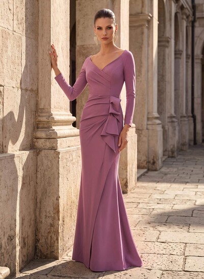 Trumpet/Mermaid V-Neck Long Sleeves Floor-Length Elastic Satin Mother Of The Bride Dresses With Cascading Ruffles