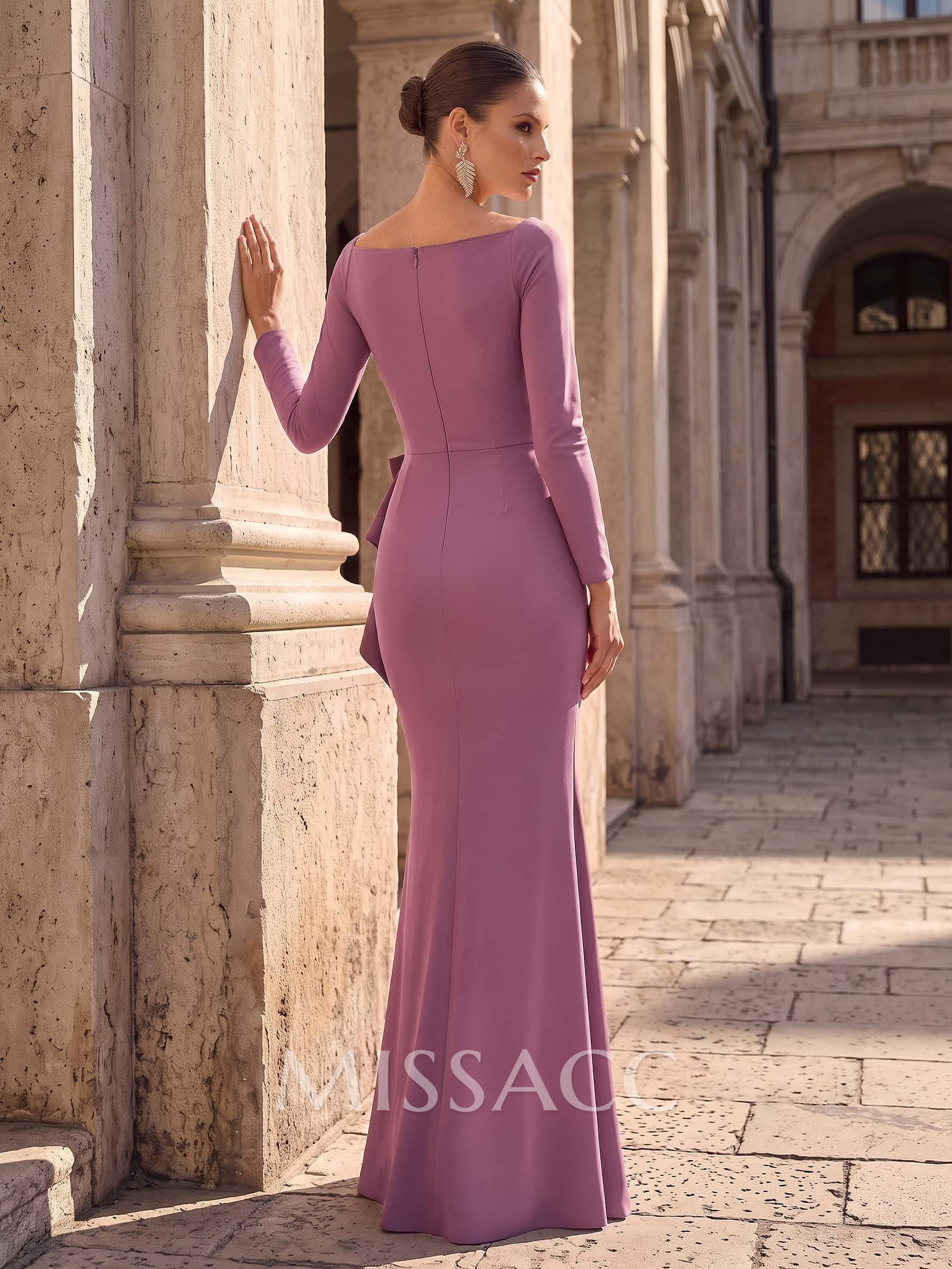 Trumpet/Mermaid V-Neck Long Sleeves Floor-Length Elastic Satin Mother Of The Bride Dresses With Cascading Ruffles