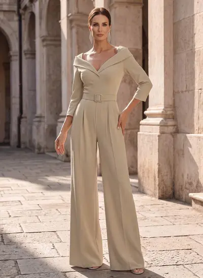 Jumpsuit/Pantsuit V-Neck 3/4 Sleeves Floor-Length Elastic Satin Mother Of The Bride Dresses