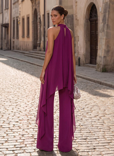 Two Piece High Neck Sleeveless Floor-Length Chiffon Mother Of The Bride Dresses With Sweeping Side Drape