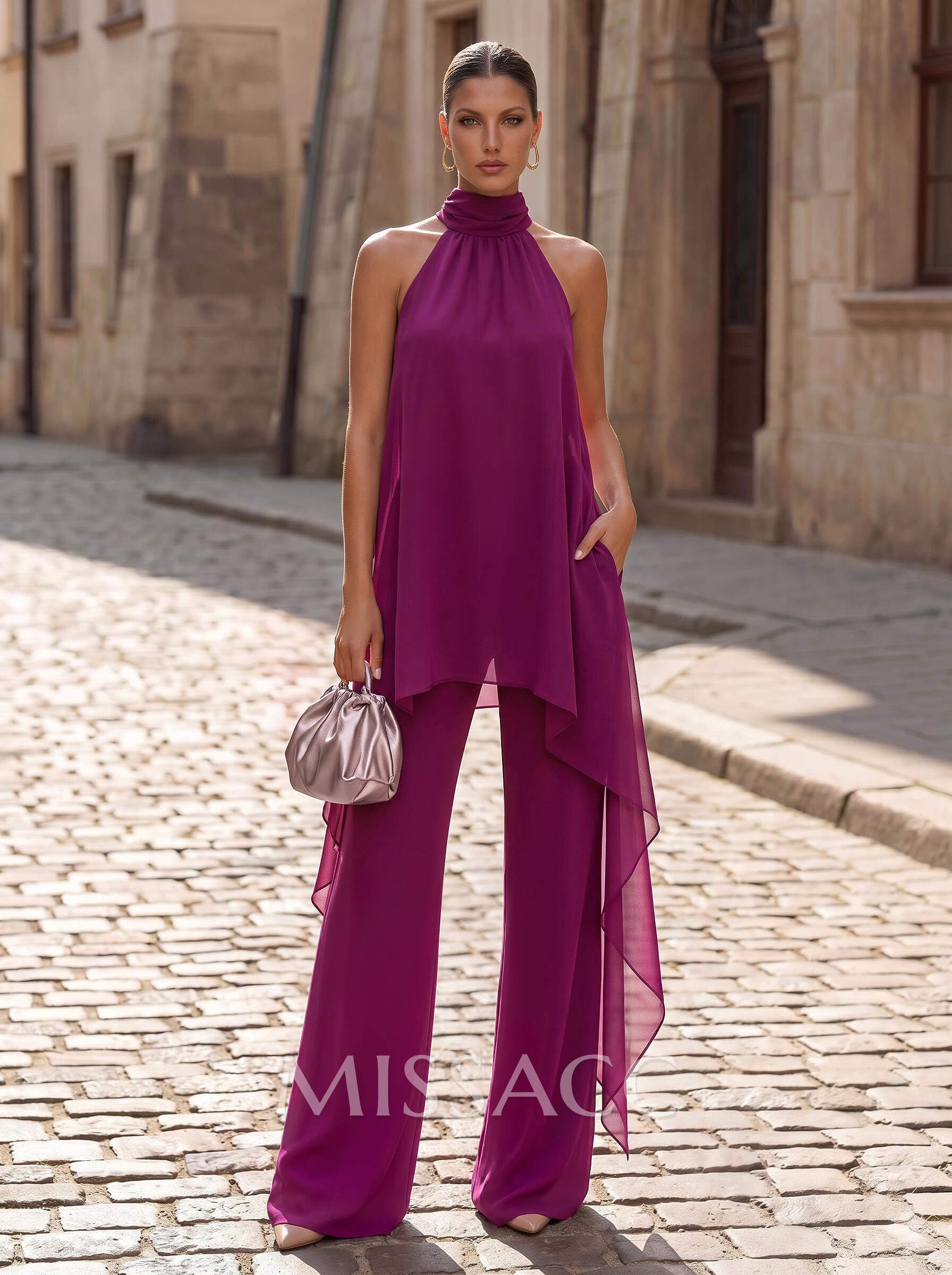 Two Piece High Neck Sleeveless Floor-Length Chiffon Mother Of The Bride Dresses With Sweeping Side Drape