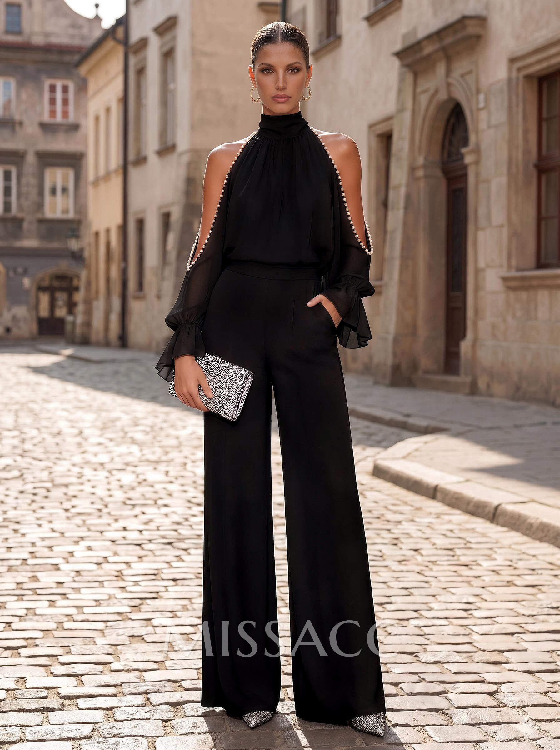 Two Piece High Neck Long Sleeves Floor-Length Chiffon Mother Of The Bride Dresses With Beading