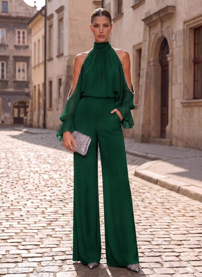 Two Piece High Neck Long Sleeves Floor-Length Chiffon Mother Of The Bride Dresses With Beading