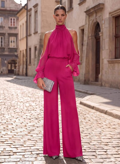 Two-Piece High Neck Long Sleeve Maxi Chiffon Mother Of The Bride Dress With Beaded Detailing