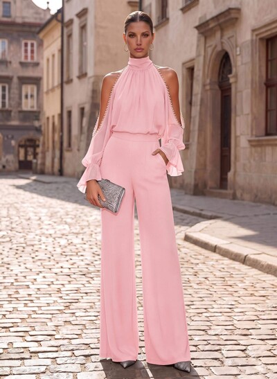 Two Piece High Neck Long Sleeves Floor-Length Chiffon Mother Of The Bride Dresses With Beading