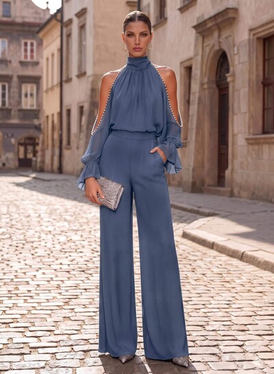 Two-Piece High Neck Long Sleeve Floor-Length Chiffon Mother Of The Bride Dress With Beading