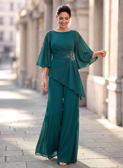 Two Piece Scoop Neck 3/4 Sleeves Floor-Length Chiffon Mother Of The Bride Dresses With Rhinestone