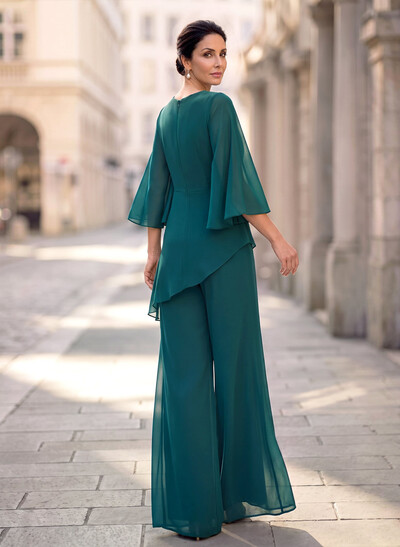 Two Piece Scoop Neck 3/4 Sleeves Floor-Length Chiffon Mother Of The Bride Dresses With Rhinestone