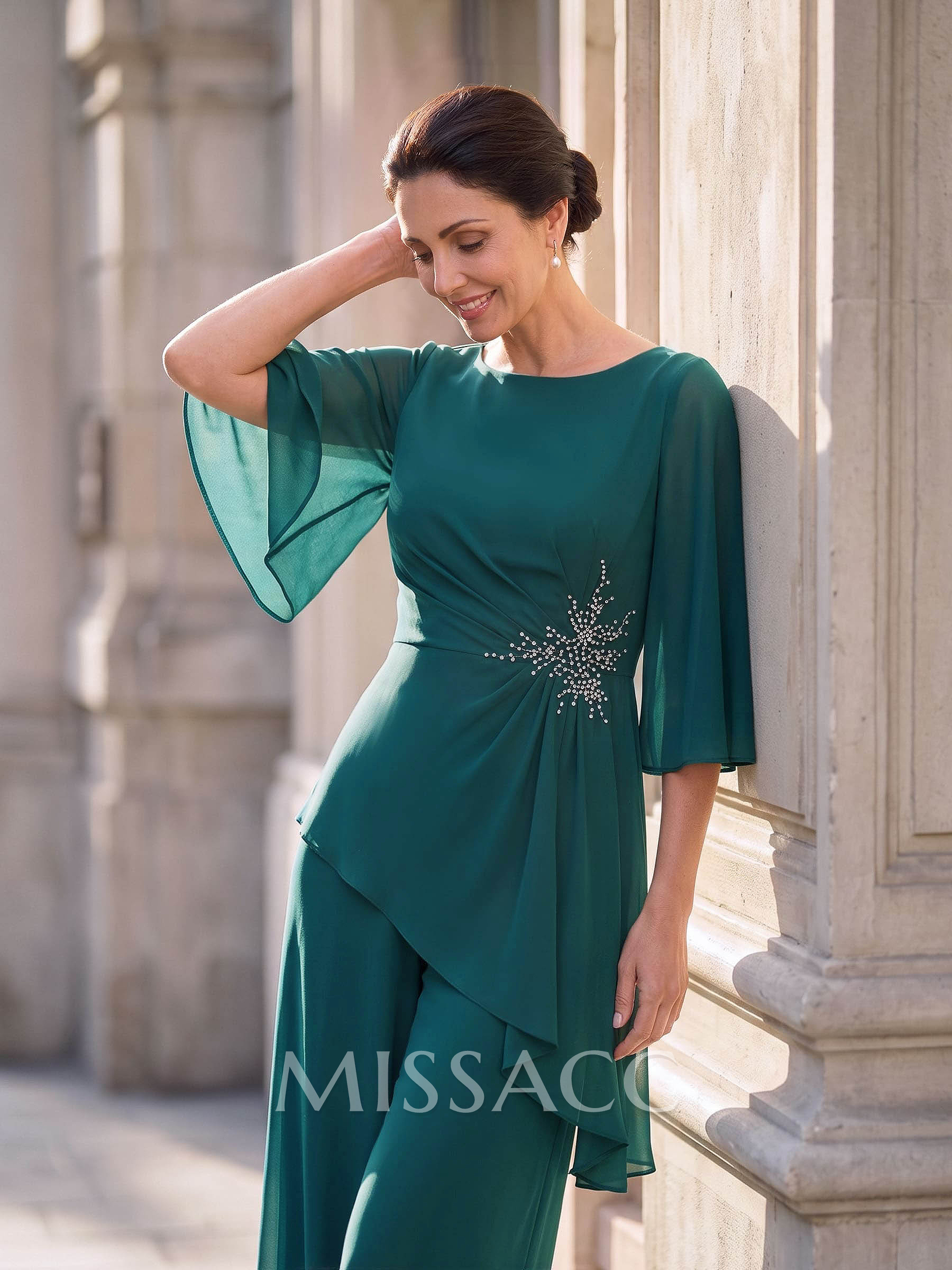 Two Piece Scoop Neck 3/4 Sleeves Floor-Length Chiffon Mother Of The Bride Dresses With Rhinestone
