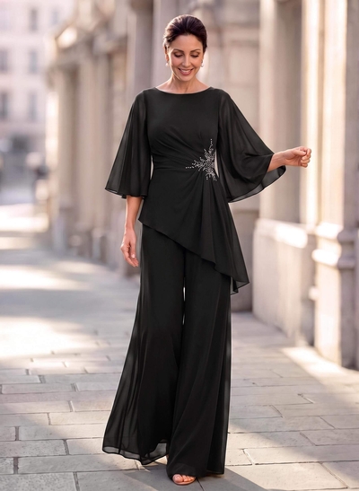 Two Piece Scoop Neck 3/4 Sleeves Floor-Length Chiffon Mother Of The Bride Dresses With Rhinestone