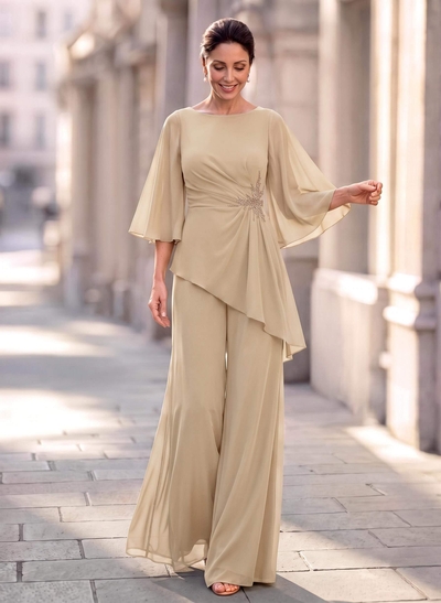 Two Piece Scoop Neck 3/4 Sleeves Floor-Length Chiffon Mother Of The Bride Dresses With Rhinestone