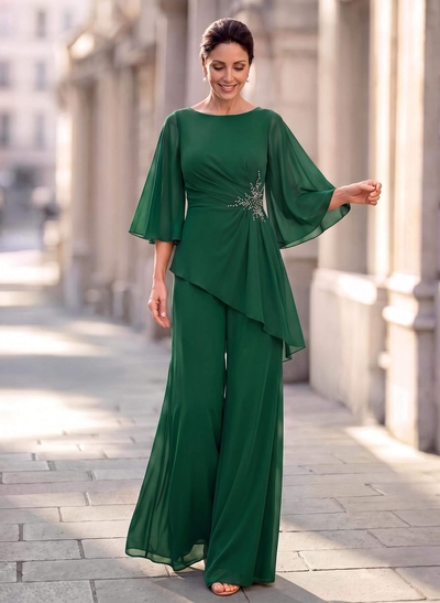 Two Piece Scoop Neck 3/4 Sleeves Floor-Length Chiffon Mother Of The Bride Dresses With Rhinestone