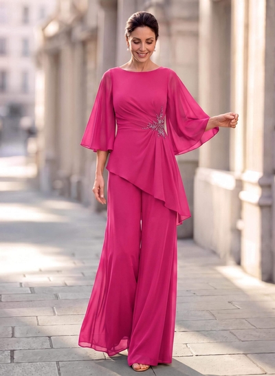 Two-Piece Scoop Neck 3/4 Sleeve Maxi Chiffon Mother Of The Bride Dress With Rhinestones