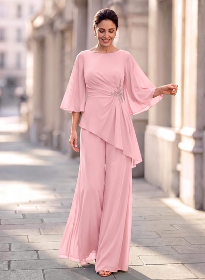 Two Piece Scoop Neck 3/4 Sleeves Floor-Length Chiffon Mother Of The Bride Dresses With Rhinestone