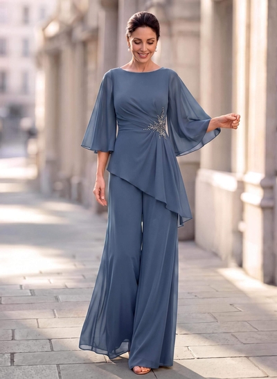 Two Piece Scoop Neck 3/4 Sleeves Floor-Length Chiffon Mother Of The Bride Dresses With Rhinestone