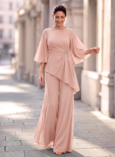 Two Piece Scoop Neck 3/4 Sleeves Floor-Length Chiffon Mother Of The Bride Dresses With Rhinestone