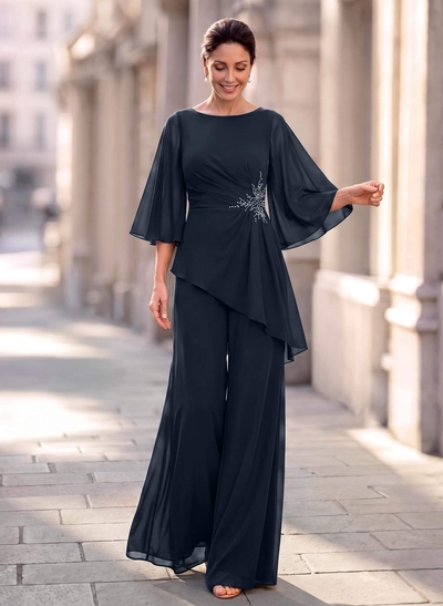Two Piece Scoop Neck 3/4 Sleeves Floor-Length Chiffon Mother Of The Bride Dresses With Rhinestone