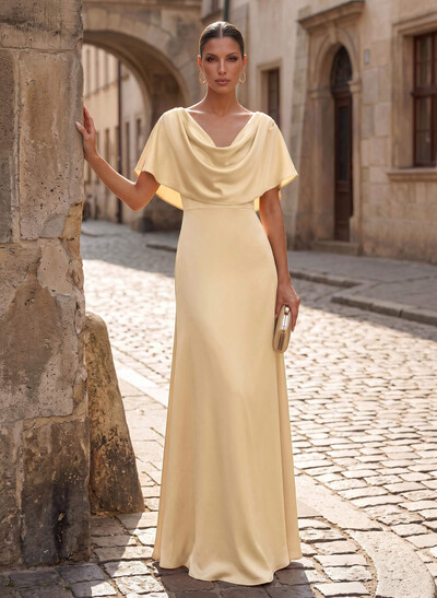 Sheath/Column Cowl Neck Short Sleeves Floor-Length Crepe Satin Mother Of The Bride Dresses