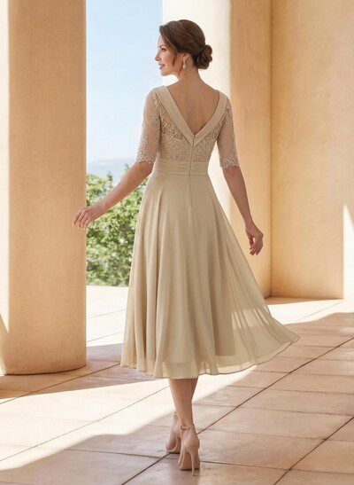 A-Line Scoop Neck 1/2 Sleeves Tea-Length Chiffon Mother Of The Bride Dresses With Appliques Lace