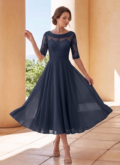 A-Line Scoop Neck 1/2 Sleeves Tea-Length Chiffon Mother Of The Bride Dresses With Appliques Lace