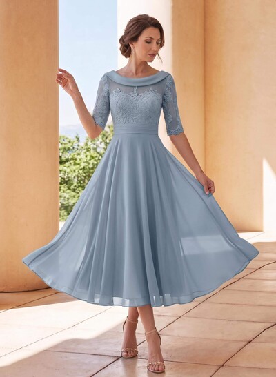 A-Line Scoop Neck 1/2 Sleeves Tea-Length Chiffon Mother Of The Bride Dresses With Appliques Lace