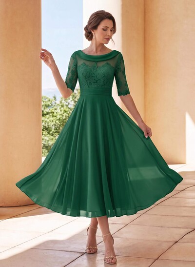 A-Line Scoop Neck 1/2 Sleeves Tea-Length Chiffon Mother Of The Bride Dresses With Appliques Lace