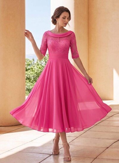 A-Line Scoop Neck 1/2 Sleeves Tea-Length Chiffon Mother Of The Bride Dresses With Appliques Lace