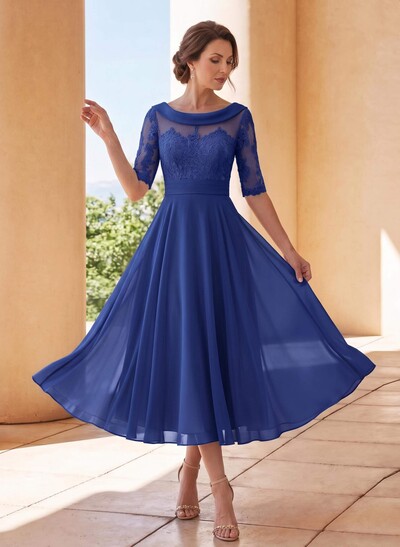 A-Line Scoop Neck Half Sleeve Tea-Length Chiffon Mother Of The Bride Dress With Lace Appliques