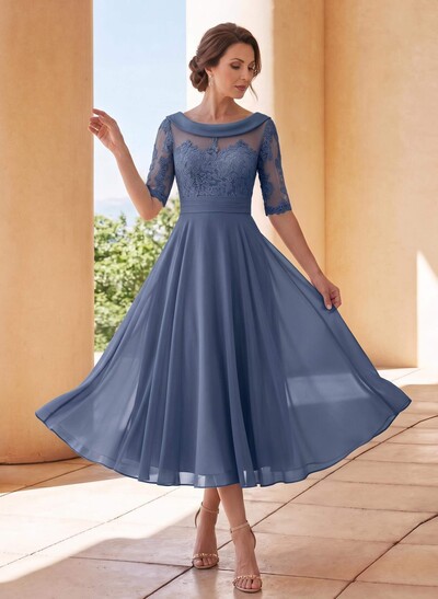 A-Line Scoop Neck Half Sleeve Tea-Length Chiffon Mother Of The Bride Dress With Lace Appliqués