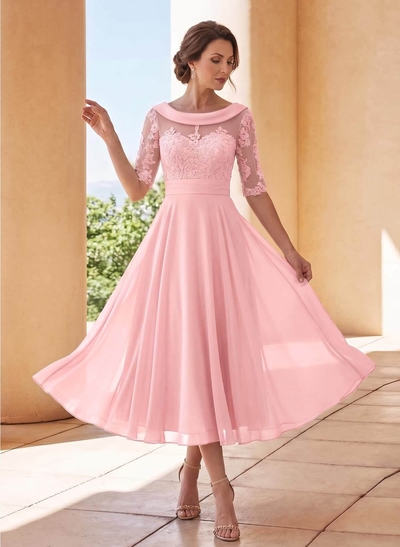 A-Line Scoop Neck 1/2 Sleeves Tea-Length Chiffon Mother Of The Bride Dresses With Appliques Lace