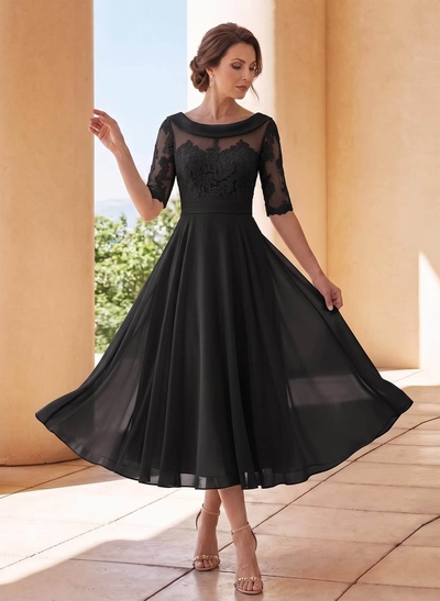 A-Line Scoop Neck 1/2 Sleeves Tea-Length Chiffon Mother Of The Bride Dresses With Appliques Lace