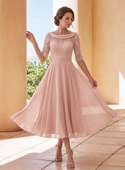 A-Line Scoop Neck 1/2 Sleeves Tea-Length Chiffon Mother Of The Bride Dresses With Appliques Lace