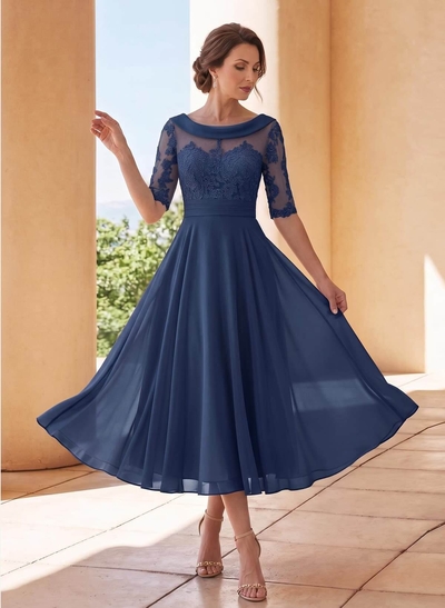A-Line Scoop Neck 1/2 Sleeves Tea-Length Chiffon Mother Of The Bride Dresses With Appliques Lace