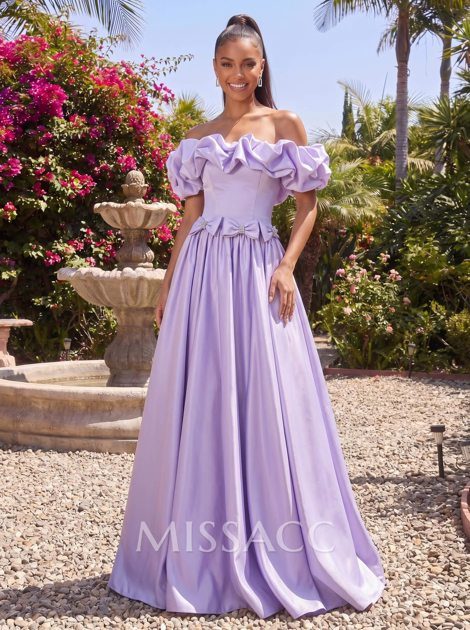 A-Line Off-The-Shoulder Sleeveless Sweep Train Satin Prom Dresses With Bows/Shoulder Ruffle