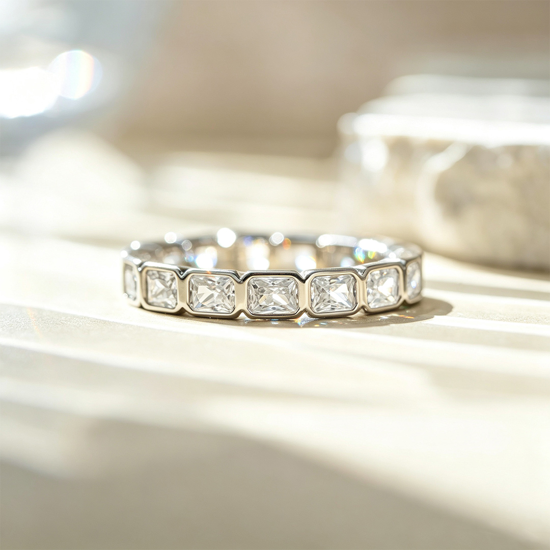 7.2CT Emerald Cut Moissanite Wedding Bands In Sterling Silver