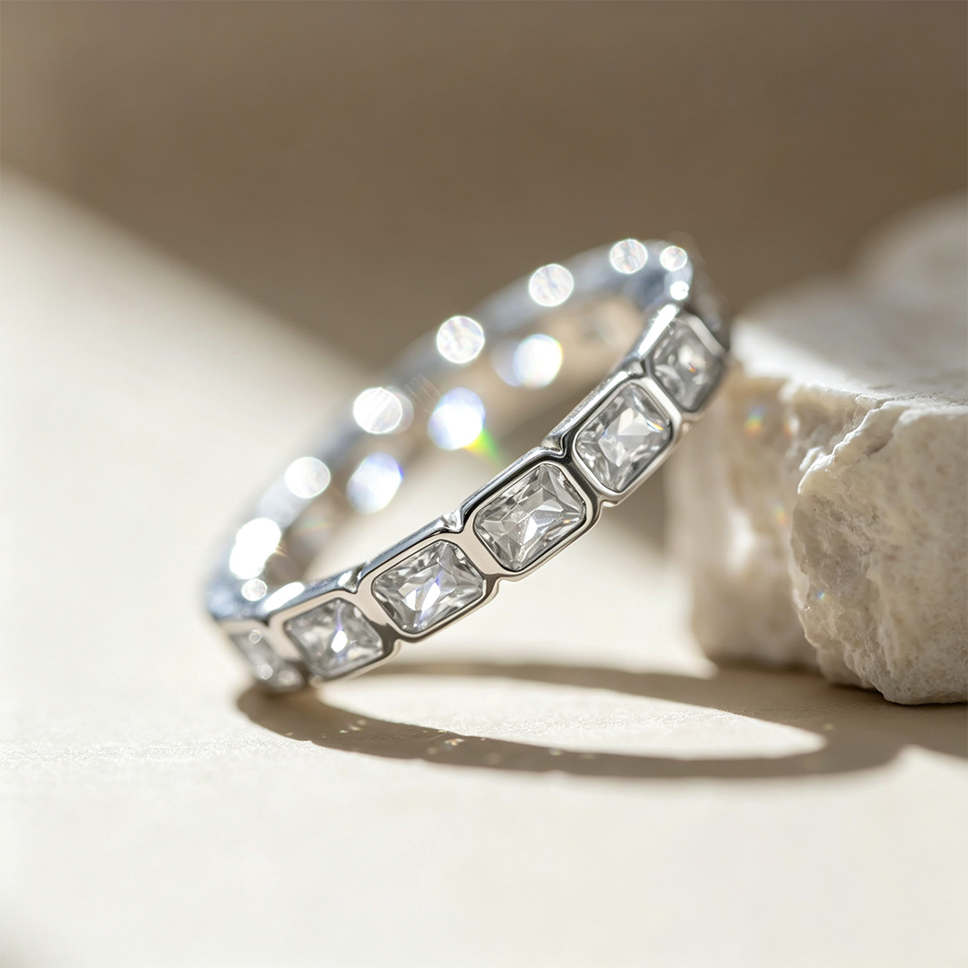 7.2CT Emerald Cut Moissanite Wedding Bands In Sterling Silver