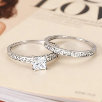 1.5 Carat 5x5mm Princess Cut Moissanite Engagement Ring Sets In Sterling Silver