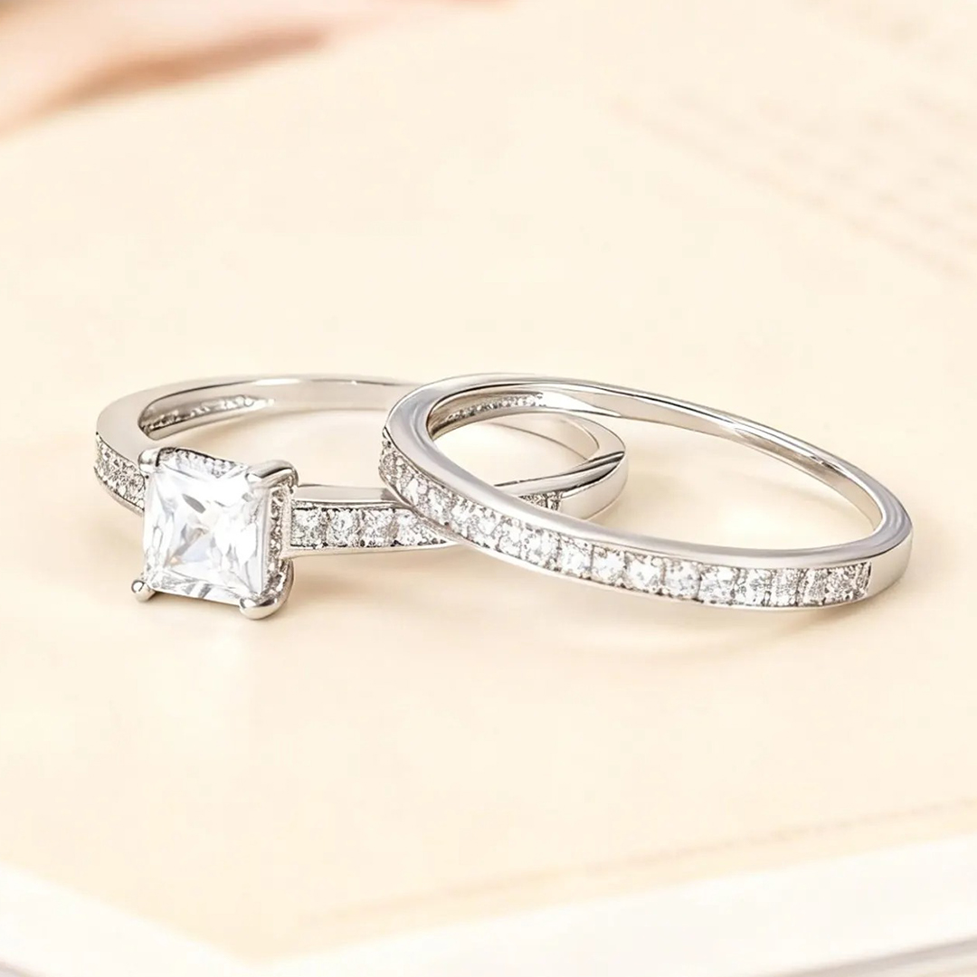 1.5 Carat 5x5mm Princess Cut Moissanite Engagement Ring Sets In Sterling Silver